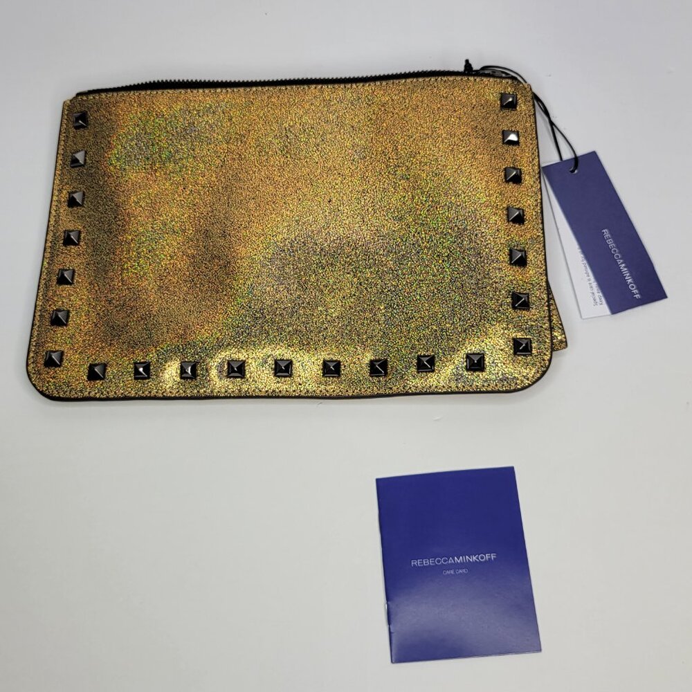 Rebecca Minkoff Clutch Gold/Iridescent Sparkle Glitter Envelope Zipper Trim NWT - Picture 7 of 11